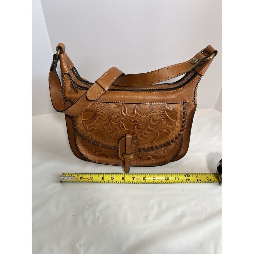Patricia Nash Camille Tan Tooled Leather Crossbody Purse Saddle Bag Whipstitch - Picture 8 of 16